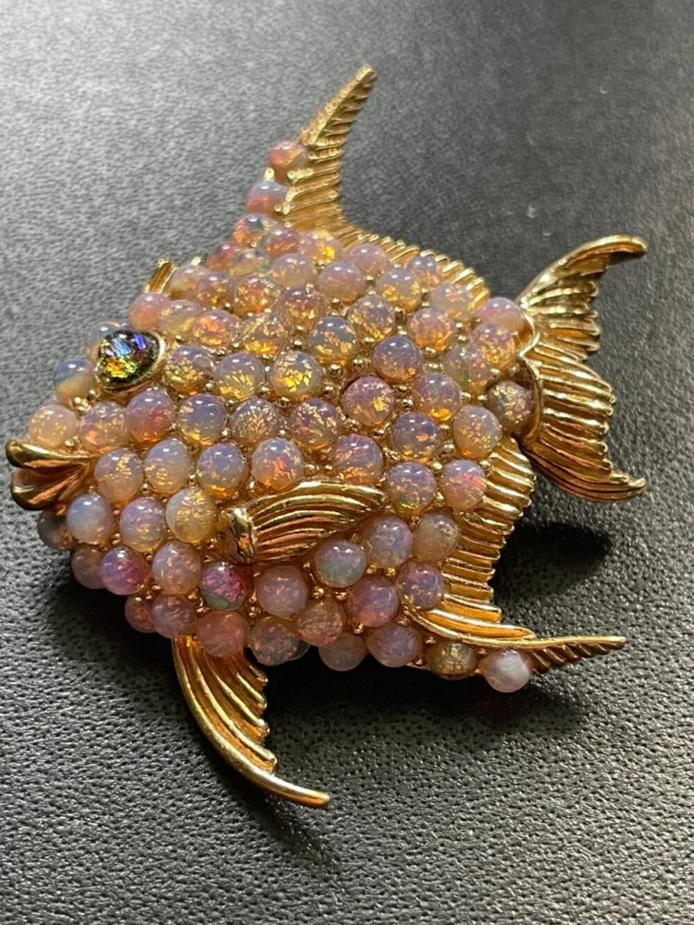 Vintage Ciner Signed Gold Plated Faux Opal Cabochon Angelfish Brooch Pin